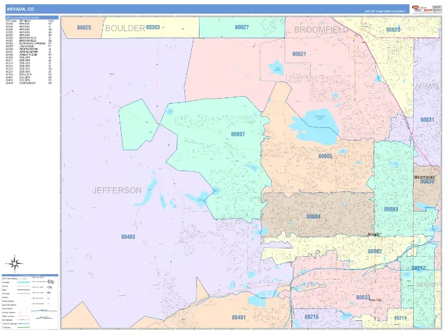 Arvada, CO ZIP Code Wall Map, ColorCast style