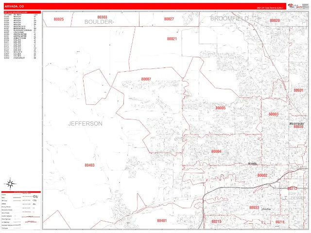Arvada, CO ZIP Code Wall Map, RedLine style