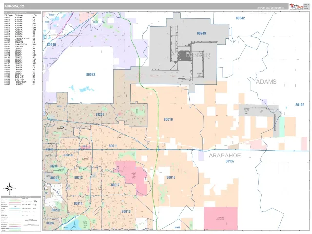 Aurora, CO ZIP Code Wall Map, Classic style