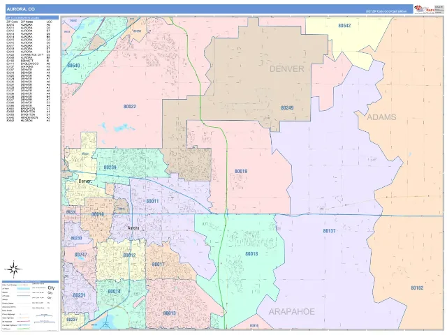 Aurora, CO ZIP Code Wall Map, ColorCast style