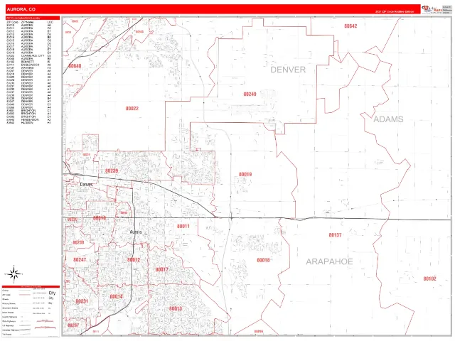 Aurora, CO ZIP Code Wall Map, RedLine style