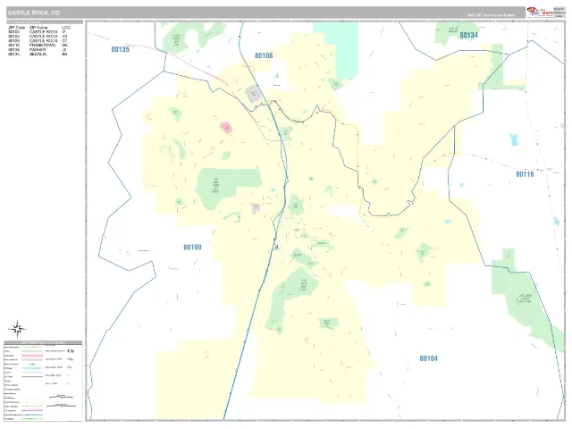 Castle Rock, CO ZIP Code Wall Map, Classic style