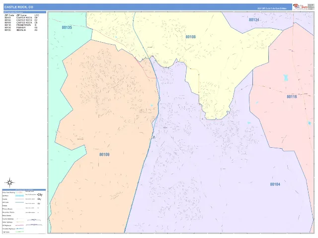 Castle Rock, CO ZIP Code Wall Map, ColorCast style