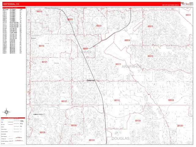Centennial, CO ZIP Code Wall Map, RedLine style