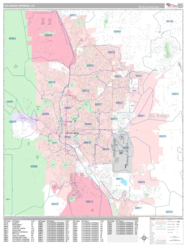 Colorado Springs, CO ZIP Code Wall Map, Classic style