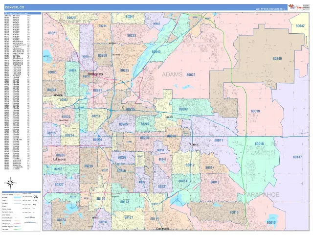 Denver, CO ZIP Code Wall Map, ColorCast style