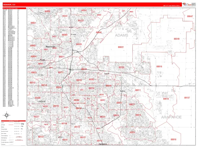 Denver, CO ZIP Code Wall Map, RedLine style