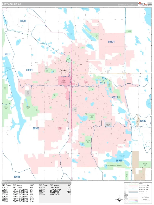 Fort Collins, CO ZIP Code Wall Map, Classic style