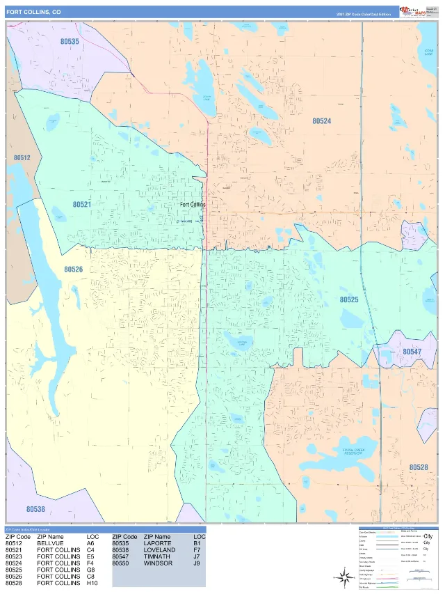 Fort Collins, CO ZIP Code Wall Map, ColorCast style