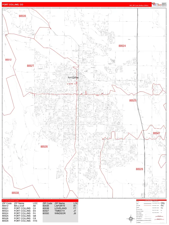 Fort Collins, CO ZIP Code Wall Map, RedLine style
