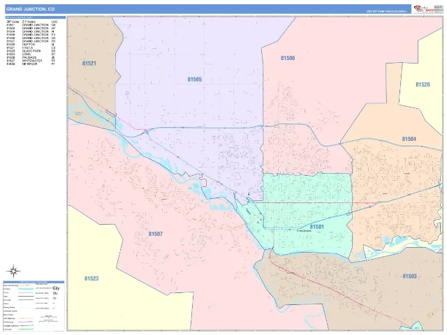 Grand Junction, CO ZIP Code Wall Map, ColorCast style