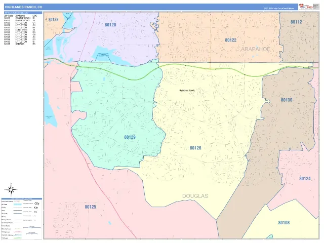 Highlands Ranch, CO ZIP Code Wall Map, ColorCast style