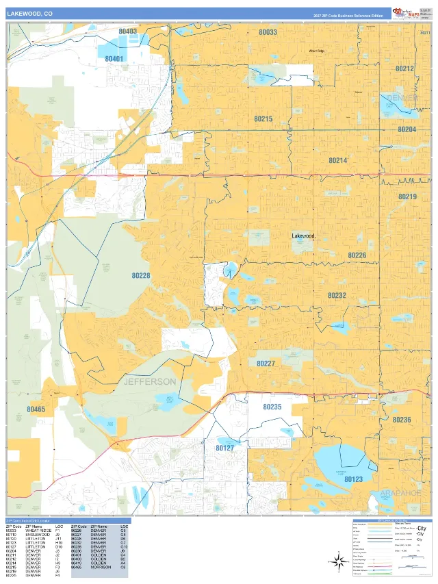 Lakewood, CO ZIP Code Wall Map, Business Reference style