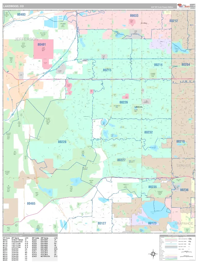 Lakewood, CO ZIP Code Wall Map, Classic style