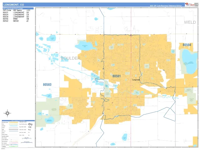 Longmont, CO ZIP Code Wall Map, Business Reference style