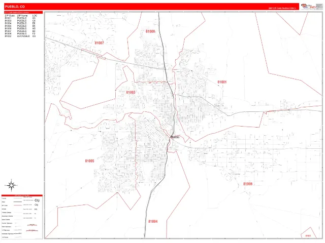 Pueblo, CO ZIP Code Wall Map, RedLine style