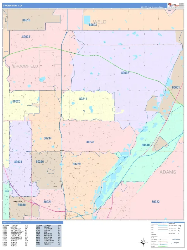 Thornton, CO ZIP Code Wall Map, ColorCast style