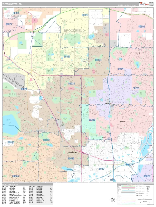 Westminster, CO ZIP Code Wall Map, Classic style
