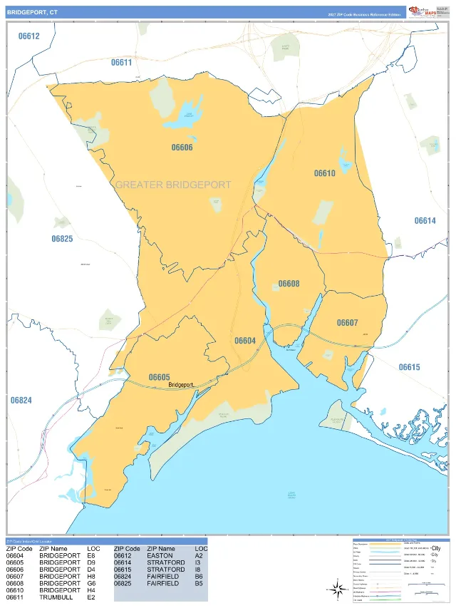 Bridgeport, CT ZIP Code Wall Map, Business Reference style