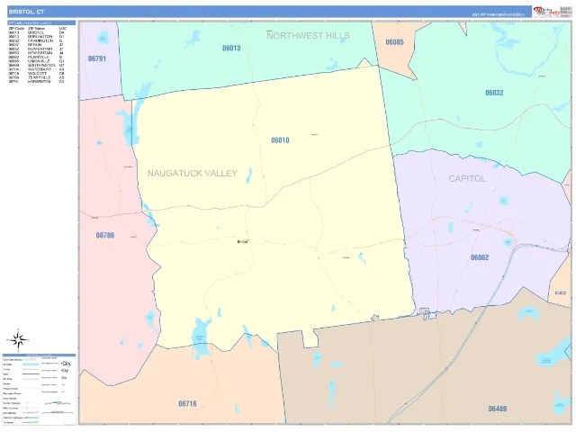 Bristol, CT ZIP Code Wall Map, ColorCast style