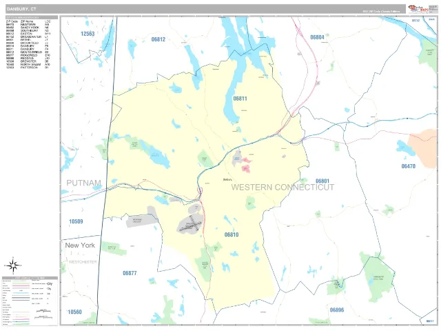 Danbury, CT ZIP Code Wall Map, Classic style