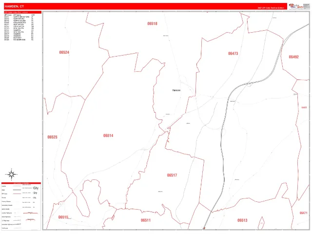 Hamden, CT ZIP Code Wall Map, RedLine style