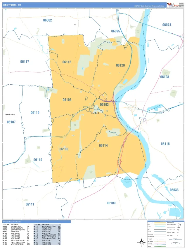 Hartford, CT ZIP Code Wall Map, Business Reference style
