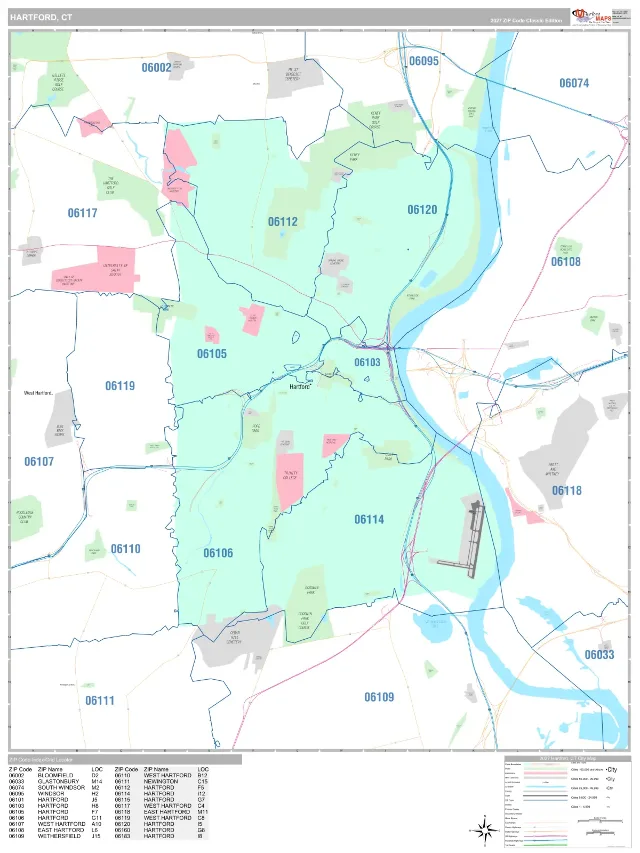 Hartford, CT ZIP Code Wall Map, Classic style