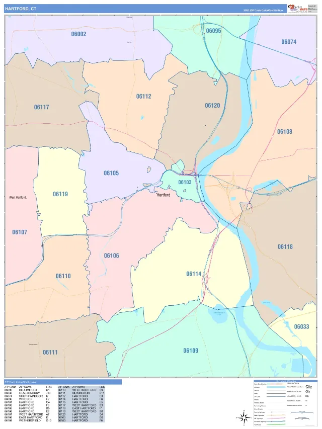 Hartford, CT ZIP Code Wall Map, ColorCast style