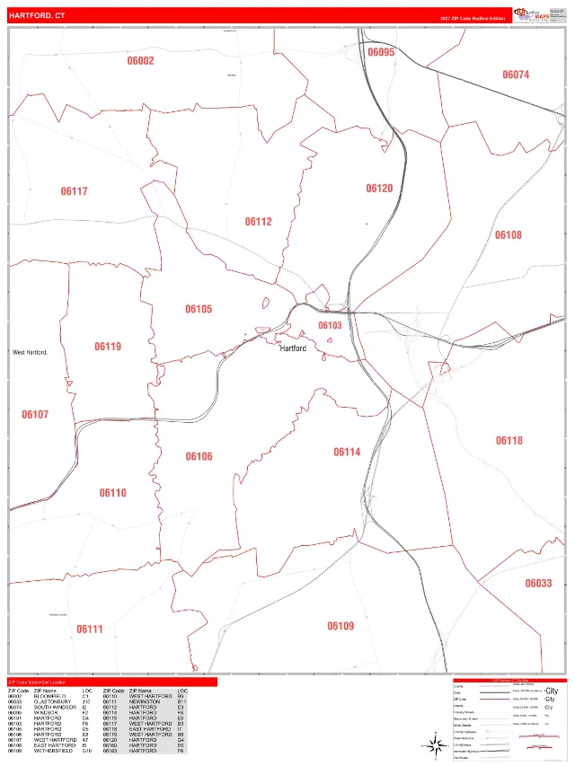 Hartford, CT ZIP Code Wall Map, RedLine style