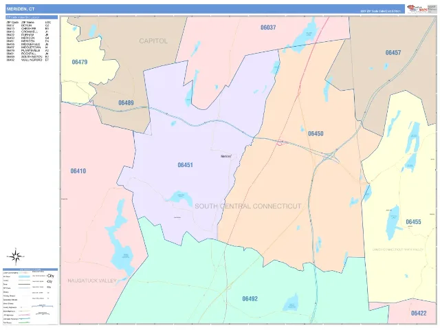 Meriden, CT ZIP Code Wall Map, ColorCast style