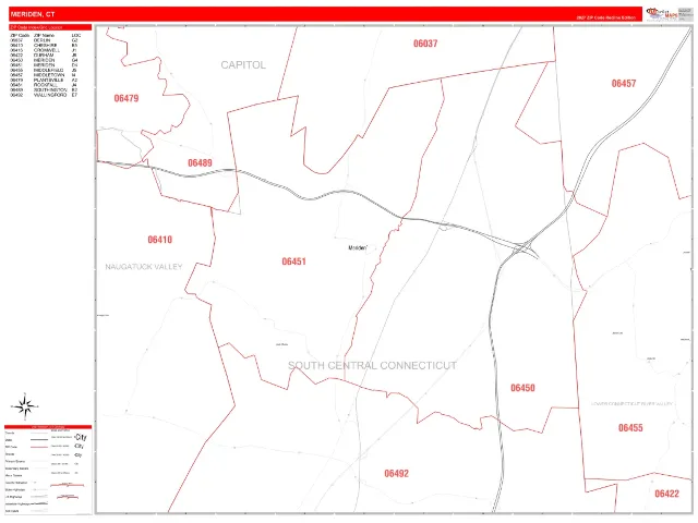 Meriden, CT ZIP Code Wall Map, RedLine style