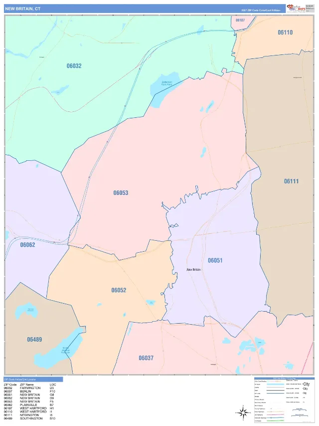 New Britain, CT ZIP Code Wall Map, ColorCast style
