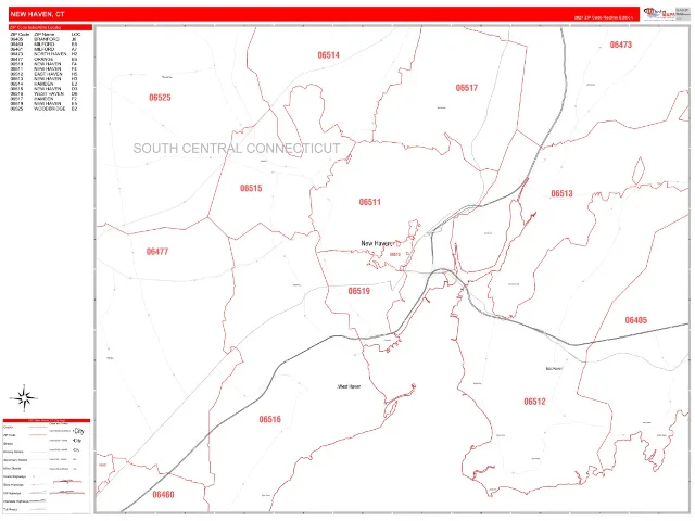 New Haven, CT ZIP Code Wall Map, RedLine style