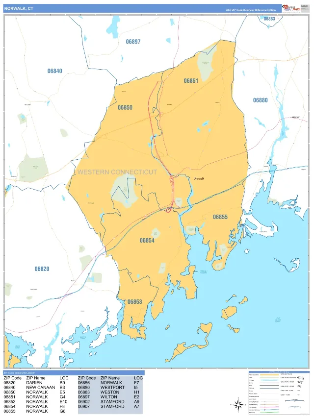 Norwalk, CT ZIP Code Wall Map, Business Reference style