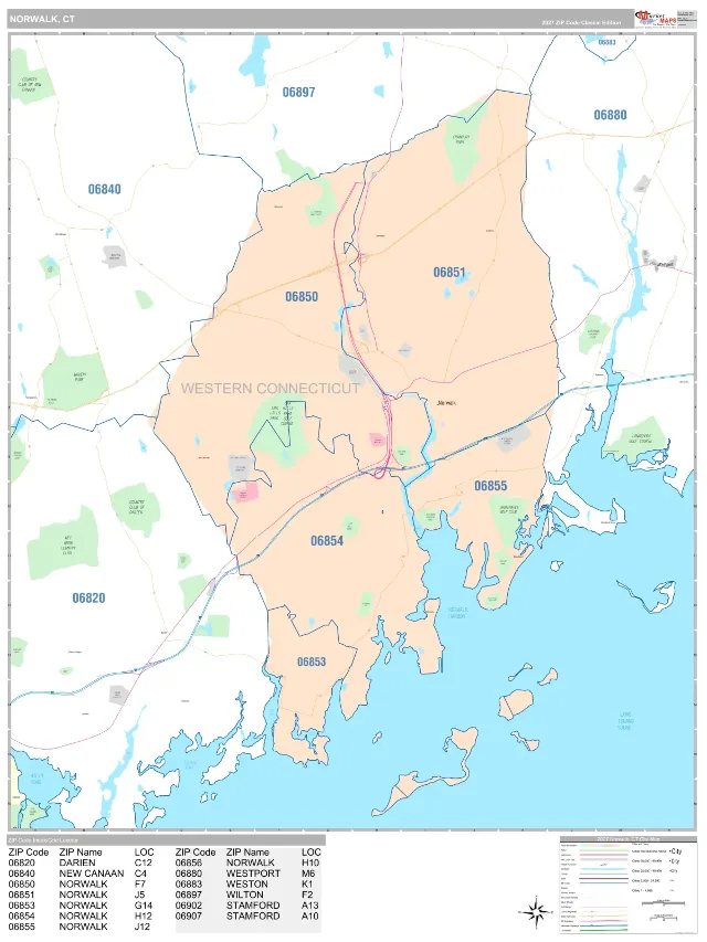 Norwalk, CT ZIP Code Wall Map, Classic style