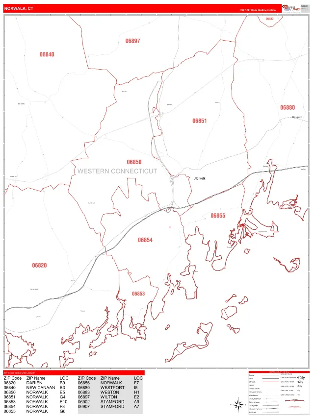Norwalk, CT ZIP Code Wall Map, RedLine style
