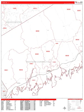 Stamford, CT RedLine style ZIP Code wall map