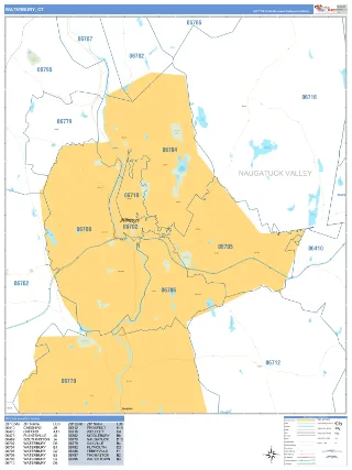Waterbury, CT Business Reference style ZIP Code wall map
