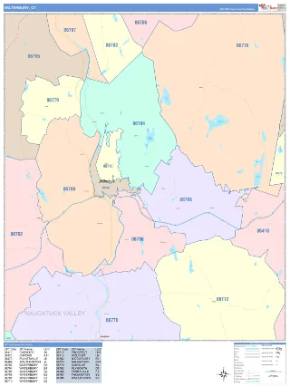 Waterbury, CT ColorCast style ZIP Code wall map