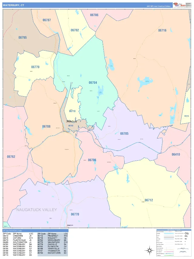 Waterbury, CT ZIP Code Wall Map, ColorCast style