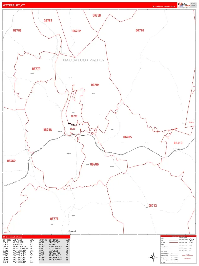Waterbury, CT ZIP Code Wall Map, RedLine style