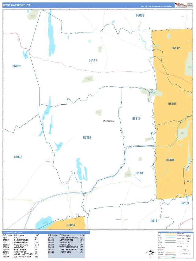 West Hartford, CT ZIP Code Wall Map, Business Reference style