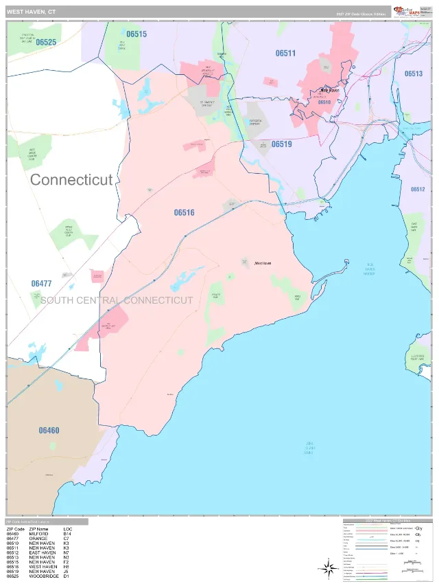 West Haven, CT ZIP Code Wall Map, Classic style