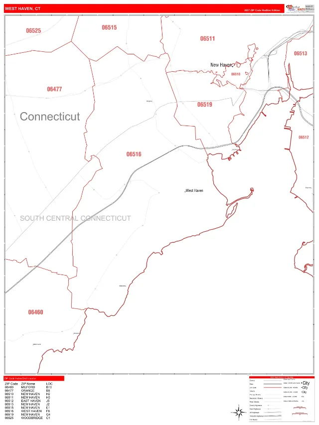 West Haven, CT ZIP Code Wall Map, RedLine style