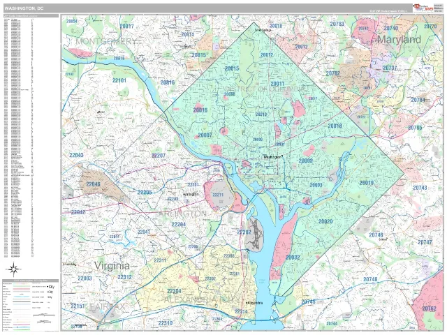 Washington, DC ZIP Code Wall Map, Classic style