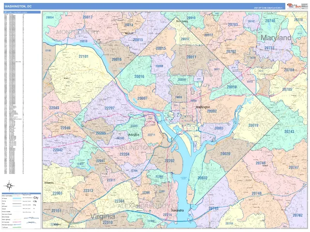 Washington, DC ZIP Code Wall Map, ColorCast style