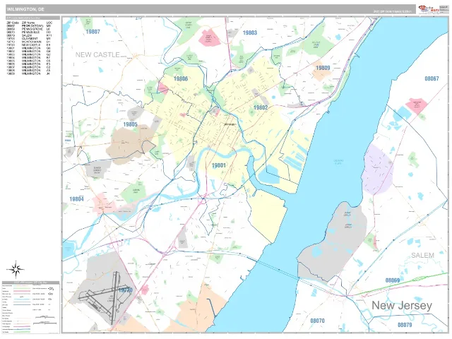 Wilmington, DE ZIP Code Wall Map, Classic style