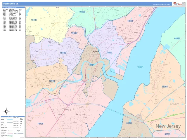 Wilmington, DE ZIP Code Wall Map, ColorCast style