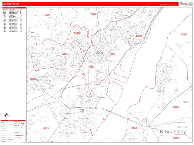Wilmington, DE ZIP Code Wall Map, RedLine style